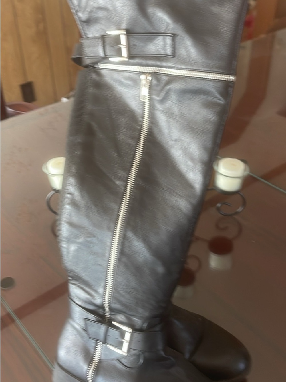Black Leather Knee-High Boots with Side Zipper
